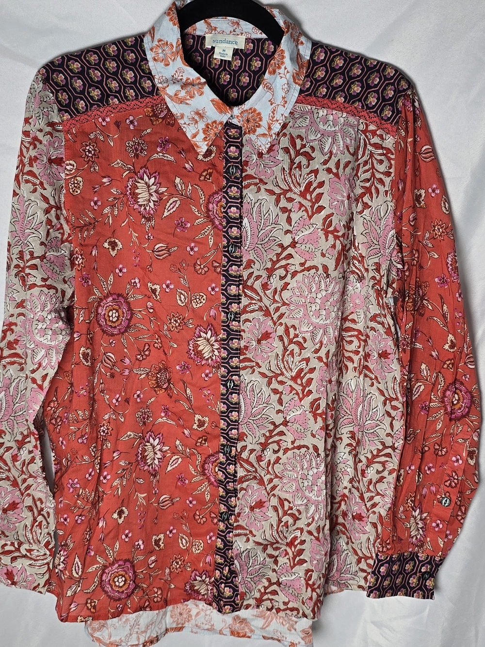 Sundance Coral and Pink Floral Patchwork Button-Down Shirt Lace Trim, Sz M